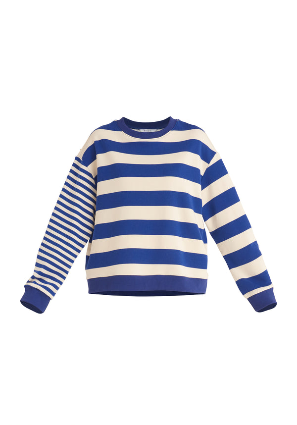 Paisie Contrast Stripe Sweatshirt in Marine Blue and Cream Cut Out